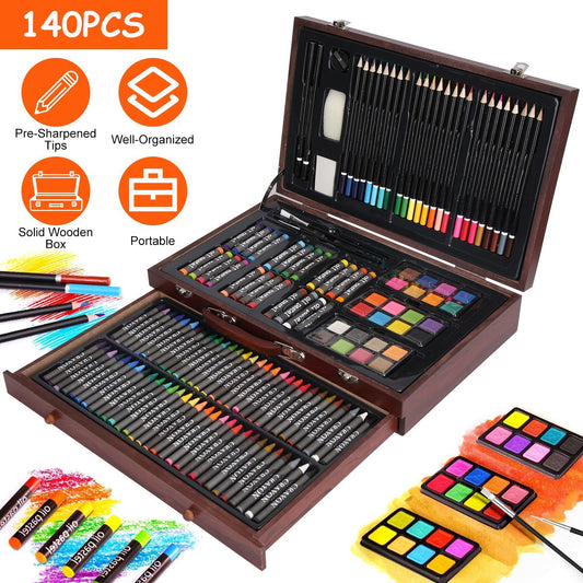 Box in legno con attrezzi da pittura vari